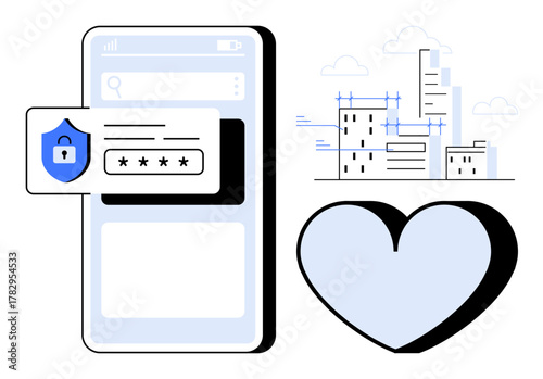 Mobile phone with login shield, password input, city skyline, cloud background, and heart icon. Ideal for security, technology, login communication urbanization connectivity personal data. Simple