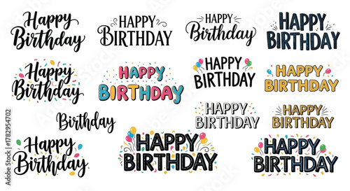 A large collection of Happy Birthday lettering styles and typography designs for celebratory cards and party decorations
