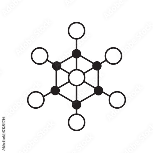 Black and White Structure Central Circle, Hexagons, Outer Connected Circles Icon