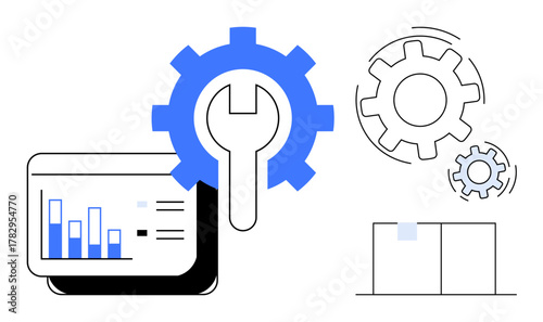 Blue gear with wrench and line graph beside abstract cog and chart. Ideal for data management, analytics, optimization, troubleshooting, system update, technology, innovation. Simple flat metaphor