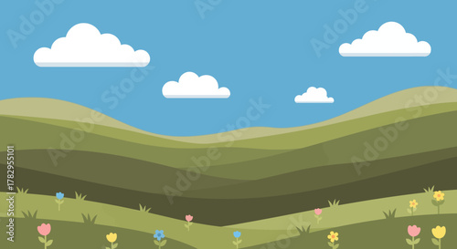Cartoon Landscape with Rolling Green Hills and Scattered Wildflowers.