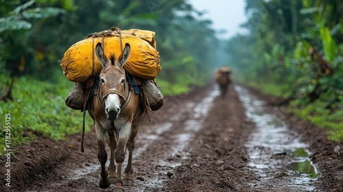 Donkey Carrying Heavy Yellow Load Along Muddy Rural Road Through Lush Green Forest On A Misty Day