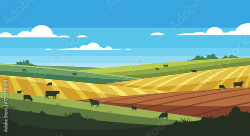 Cattle Grazing on Rolling Hills - A Pastoral Scene of Rural Life.