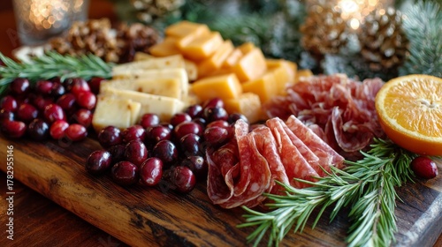 Cheese and charcuterie board with fruits and herbs displayed on a wooden platter during the festive season
