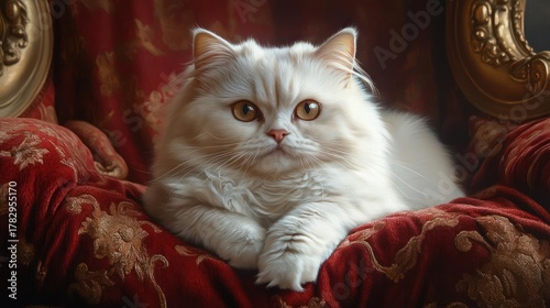 Luxurious White Fluffy Persian Cat with Golden Eyes Resting on Rich Red Velvet Brocade Sofa in Opulent Room
