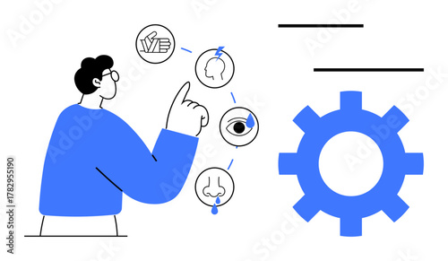 Man interacting with touch, vision, smell, taste, hearing symbols and gear icon. Ideal for learning, processes, education, innovation senses human experience simple flat metaphor