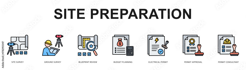 Site Preparation Modern and clean web banner illustration featuring thematic icons for visual communication
