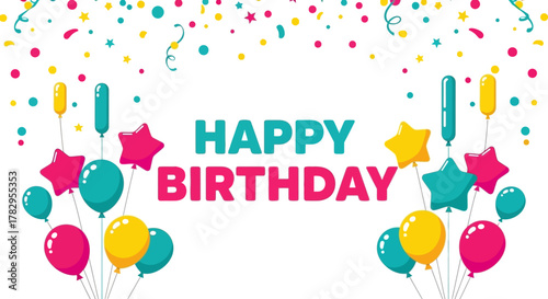 A festive Happy Birthday celebration background with colorful balloons, star shapes, and falling confetti decoration