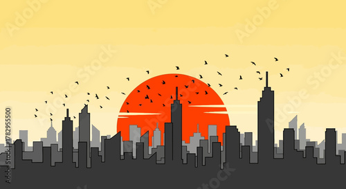 Cityscape Silhouette at Sunset - Urban Skyline with Towering Buildings.