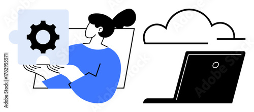 Woman holding gear puzzle piece next to cloud and laptop, suggesting collaboration, cloud computing, problem-solving, innovation, data management, software integration, and technology. Simple flat