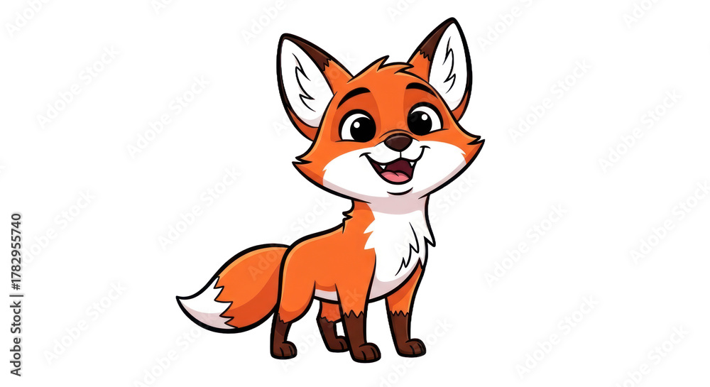 Obraz premium Cartoon fox illustration smiling with orange fur and brown paws on transparent background