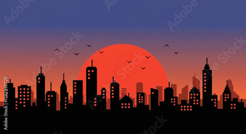 Cityscape Silhouette at Sunset with Birds Flying Above Buildings.