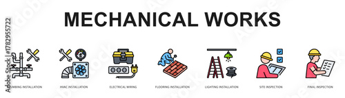 Mechanical Works Modern and clean web banner illustration featuring thematic icons for visual communication
