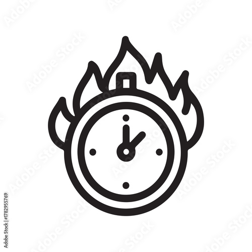 Burning Clock Outline Icon Illustrating Deadline, Time Pressure, or Urgency