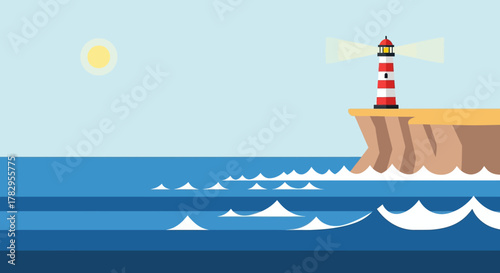 Coastal Lighthouse Beacon Guiding Ships at Sea.