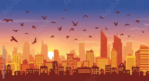 Cityscape Silhouette at Sunset with Birds Flying Above.