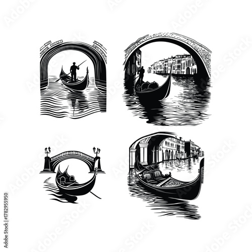 Set of four detailed monochrome illustrations depicting gondolas navigating the canals of Venice