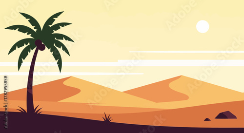 Desert Landscape with Palm Tree Silhouette and Sand Dunes, Arid Environment.