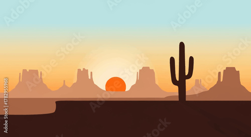 Desert Landscape with Cactus and Rock Formations at Sunset.