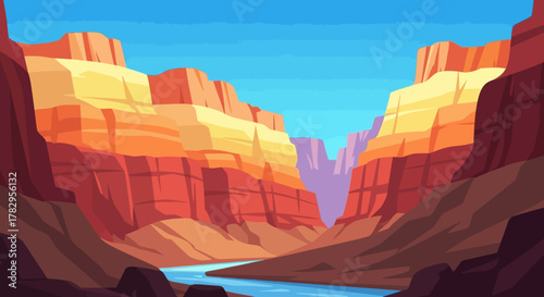 Grand Canyon landscape with river and rock formations under blue sky.
