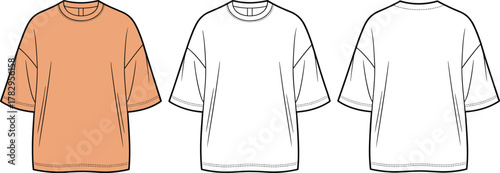 Loose fit t-shirt technical sketch, dropped shoulder short sleeve design, front view fashion template, garment illustration, cad drawing flat vector illustration