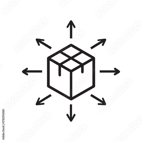 Distribution Icon Arrows Emanating from Cuboid Package, Black Outline Style