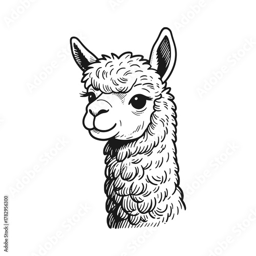 Very adorable alpaca. Black white vector illustration.