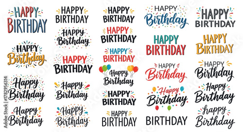 Collection of happy birthday greetings in various colorful fonts, ideal for celebrations and wishes