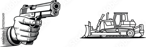 Pistol and bulldozer, black and white line drawing, contrast of destruction and construction, firearm sketch, heavy machinery, symbolic juxtaposition