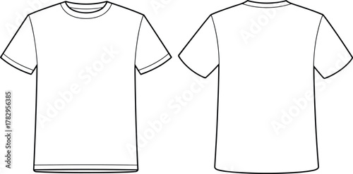 Plain crew neck t-shirt flat sketch, front and back view, short sleeve apparel template, CAD drawing, vector fashion illustration for garment design