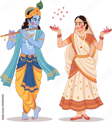 Vector illustration of Lord Krishna playing flute with Radha beside him symbolizing love and devotion in Indian mythology