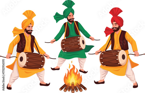 Vector illustration of Indian men playing traditional dhol drums around bonfire during Lohri celebration with joyful energy