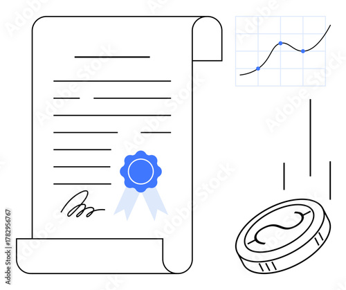 Document with signature and blue certification badge, graph indicating progress, gold coin falling. Ideal for business, agreement, certification, finance, growth success results. Simple flat