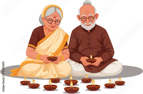 Vector illustration of elderly Indian couple lighting diyas together during Diwali celebration with warm peaceful atmosphere