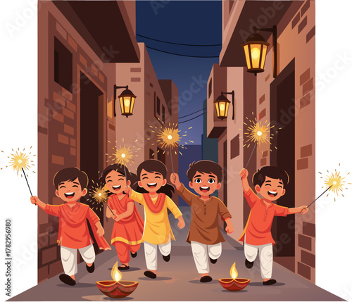 Vector illustration of Indian children celebrating Diwali festival joyfully on the street with sparklers and festive lights at night