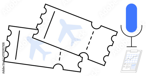 Two flight tickets with airplane graphics, a microphone, and a data chart on a clipboard. Ideal for travel booking, event planning, podcasting, analytics, aviation, organizational tools