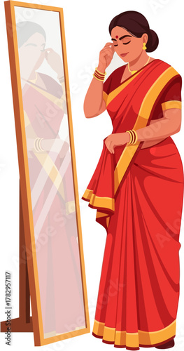 Vector illustration of Indian woman in traditional saree posing gracefully in front of mirror while getting ready for Diwali festival celebration