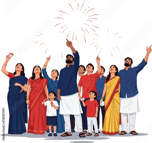 Vector illustration of Indian friends and family celebrating Diwali outdoors watching fireworks together under night sky