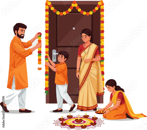 Vector illustration of Indian family decorating home entrance with garlands and rangoli during Diwali celebration