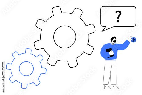 Man holding notebook, pondering solutions with two large gears and a question mark. Ideal for workflow, innovation, problem solving, engineering, strategy, brainstorming planning. Simple flat