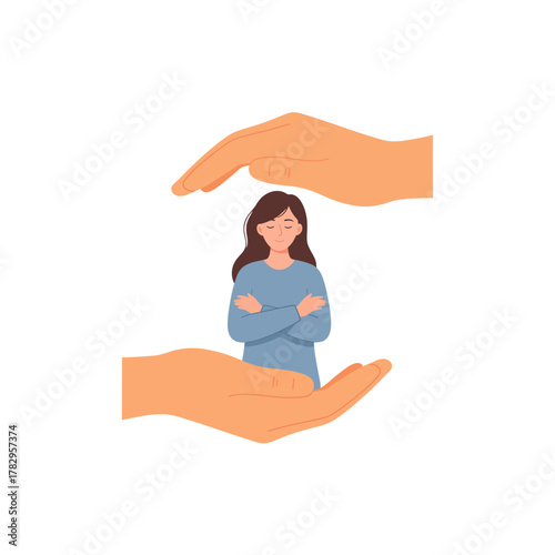 Woman Gently Protected by Large Orange Hands Symbolizing Safety, Care, and Ending Violence Against Women