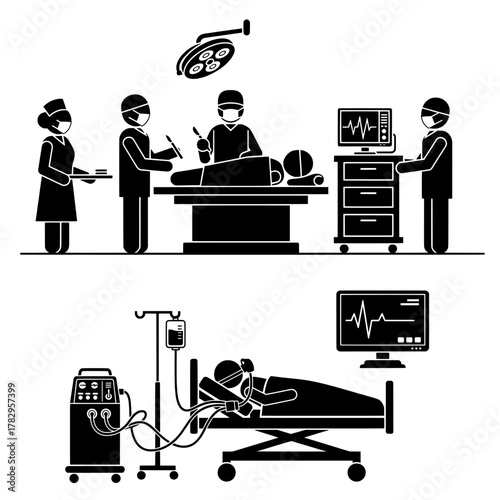 Operating Room and Intensive Care Unit Procedures Icons Set