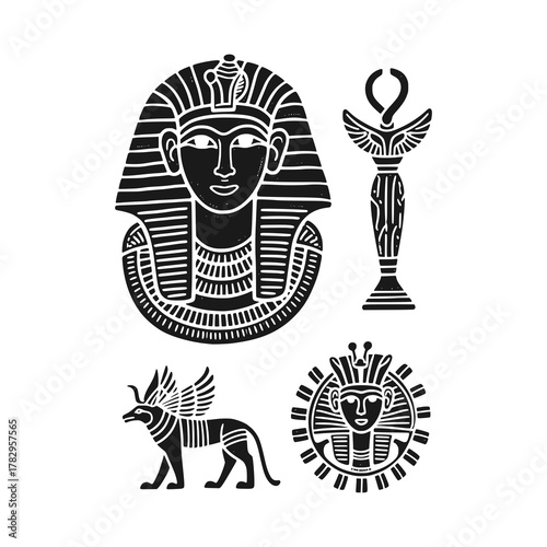 Set of relics of the king of pharaohs. Black white vector illustration.