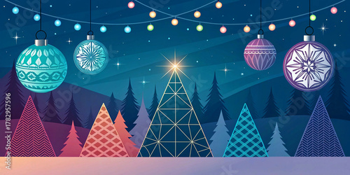 Modern Christmas and New Year background with abstract gradient, geometric shapes, and festive 