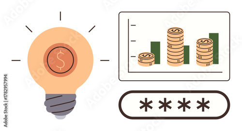 Bright bulb with dollar sign, bar graph of rising coins, and password field. Ideal for finance, investment, innovation, security, technology strategy and economy concepts. Simple flat metaphor
