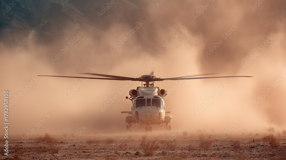 Obraz premium A helicopter is flying through a sandy desert