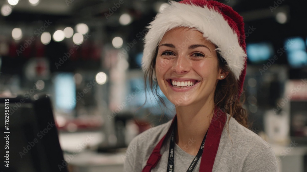 Fototapeta premium Smiling employee in a Santa hat working during the holiday season at a busy retail store