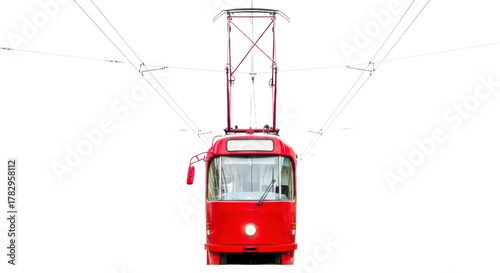 Front view of a red tram with overhead cables against a transparent background