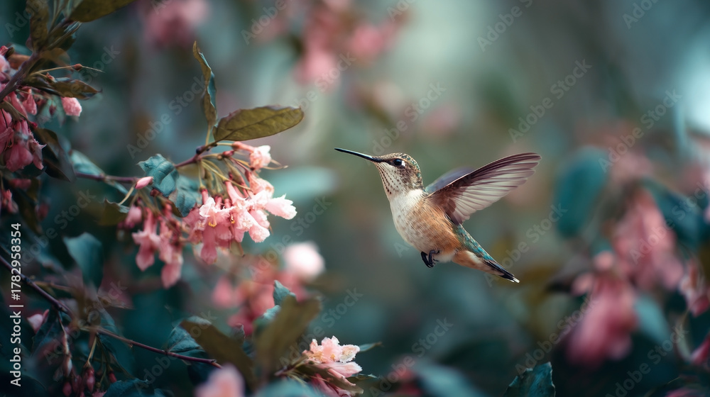 Fototapeta premium A hummingbird is flying over a bush with pink flowers
