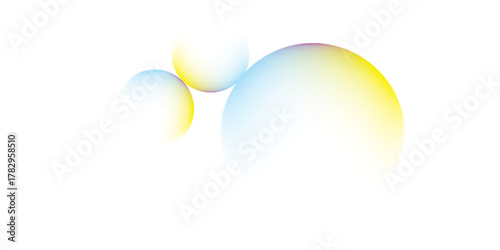Abstract translucent spheres with iridescent yellow and blue gradients soft ethereal light orbs.